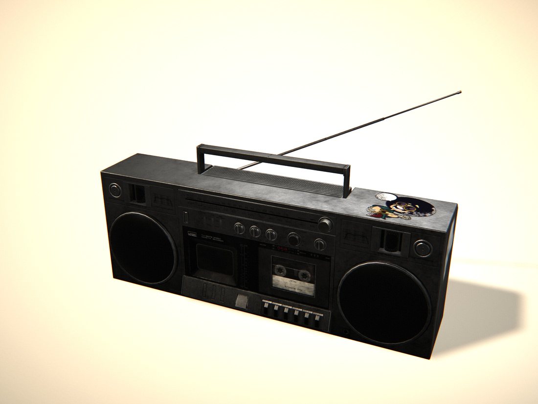 A black 1980s portable stereo with twin speakers and a raised aerial.