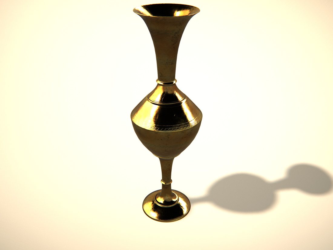 A tall polished brass vase with a flared rim and a turned stem.