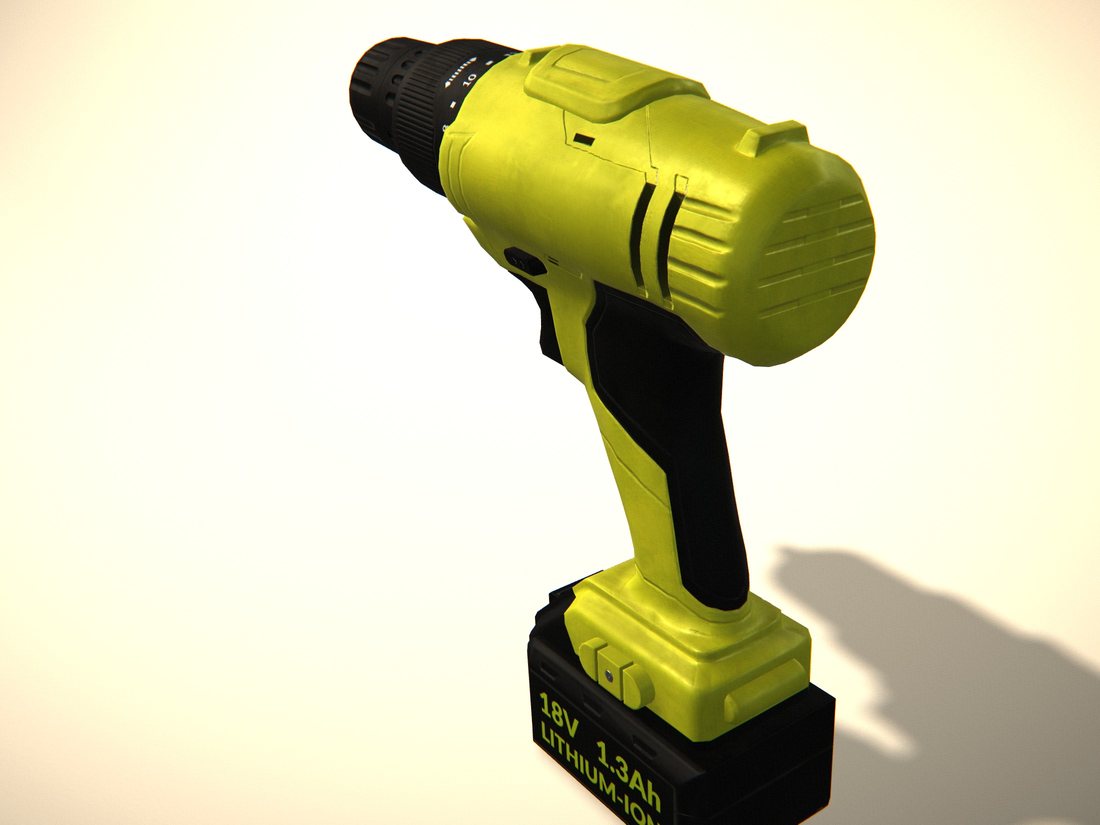 A yellow cordless drill standing on its battery pack, lit from the left on a cream background.