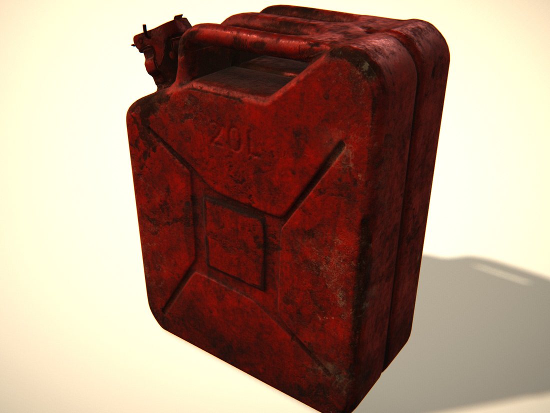 A dented red steel jerrycan with worn paint, lit from above left.