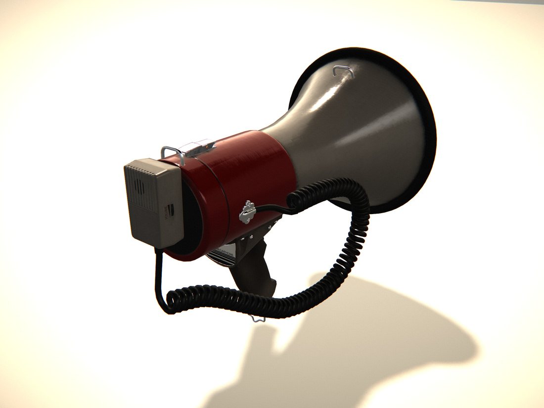 A grey and red megaphone with a coiled cable, angled towards the camera.
