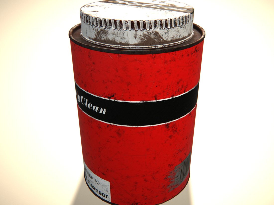 A red cleaning-product tin with a knurled metal lid, shot square to the label.